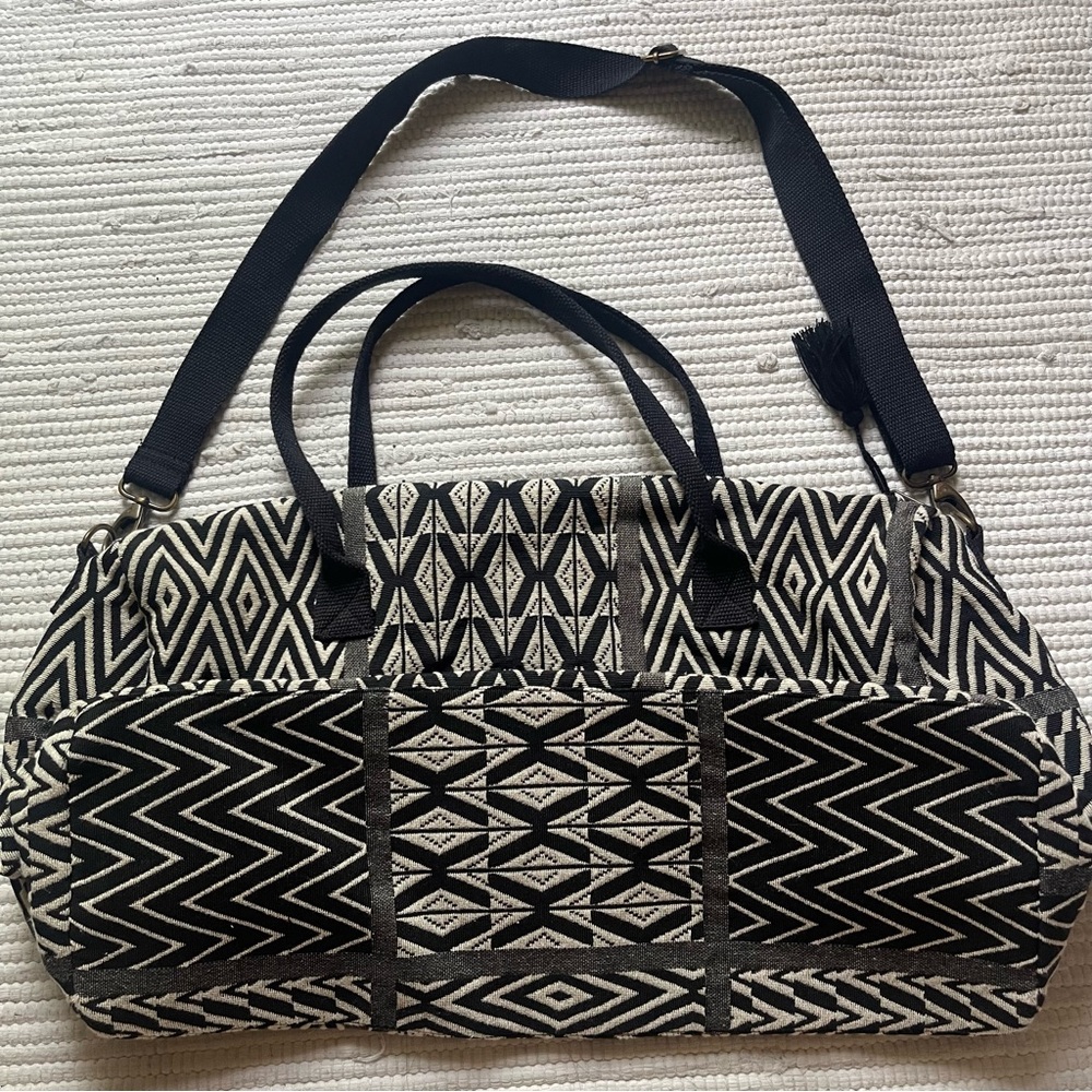 WORLD MARKET Boho Weekender Duffel Bag Black White Cotton Travel - Picture 12 of 13